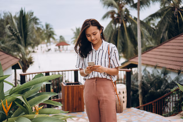 A photo of a woman holding a cell phone. 