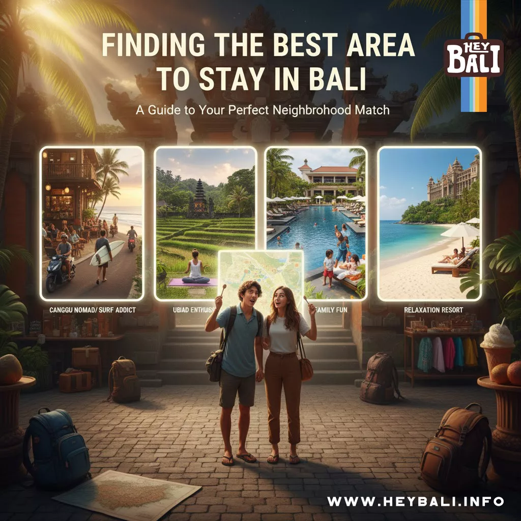 Infographic showing a couple looking at a map, surrounded by different Bali travel scenarios like Canggu (surf/nomad), Ubud (yoga/culture), Family resorts, and luxury beach relaxation. The image highlights 'Finding the Best Area to Stay in Bali' for various traveler types.