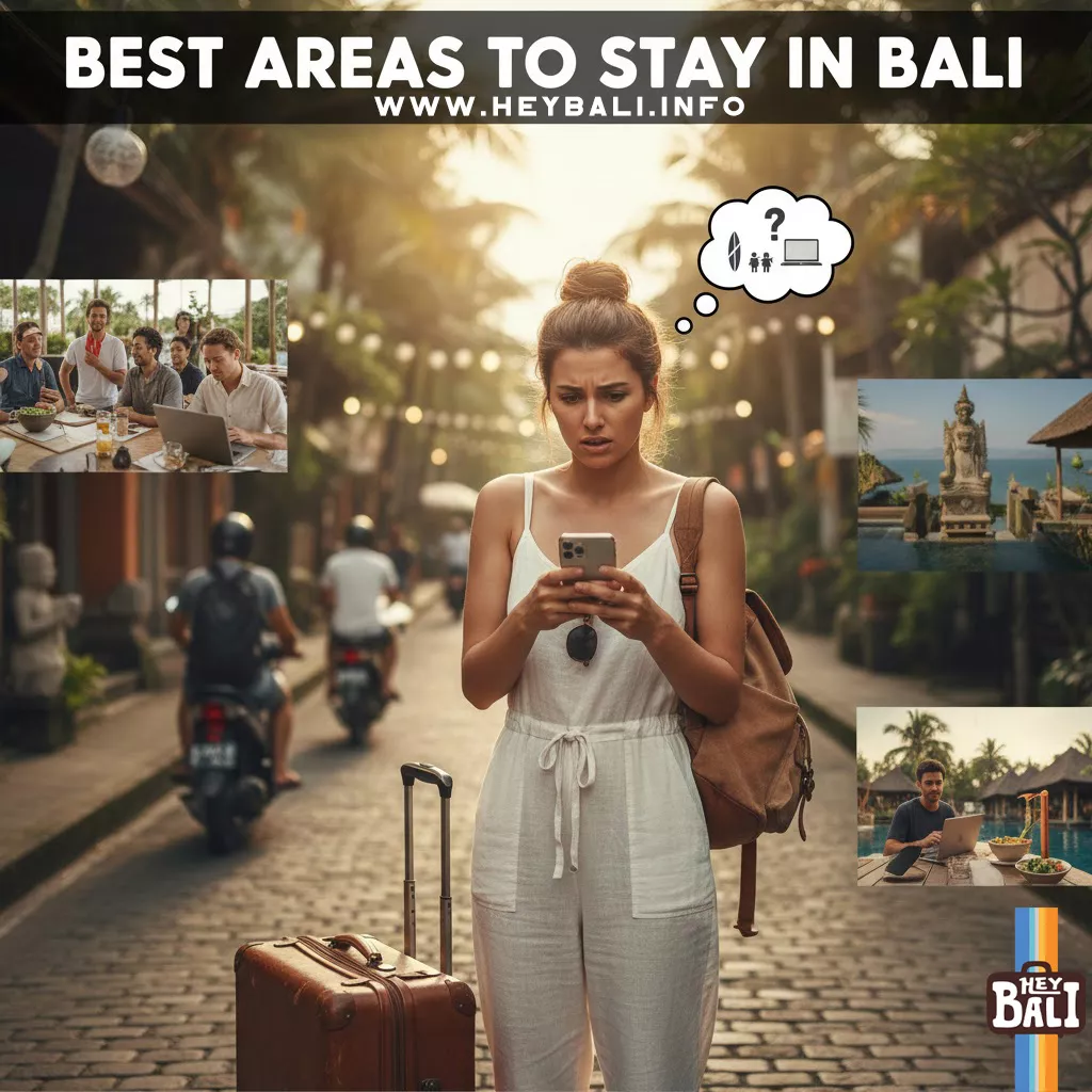 Female traveler feeling overwhelmed by choices for the Best Areas to Stay in Bali, looking at her phone on a busy street. The image highlights the dilemma of finding suitable accommodation with various lifestyle options in Bali.