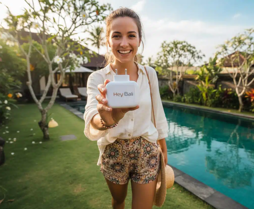 A photo of an American tourist by the pool at a villa in canggu, showing off a free adapter from Hey Bali. This photo was exclusively taken by the Hey Bali team.