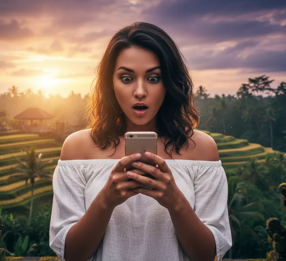 A photo of an American woman holding a cell phone and typing a review and post about the Hey Bali program, which gives free items to tourists.