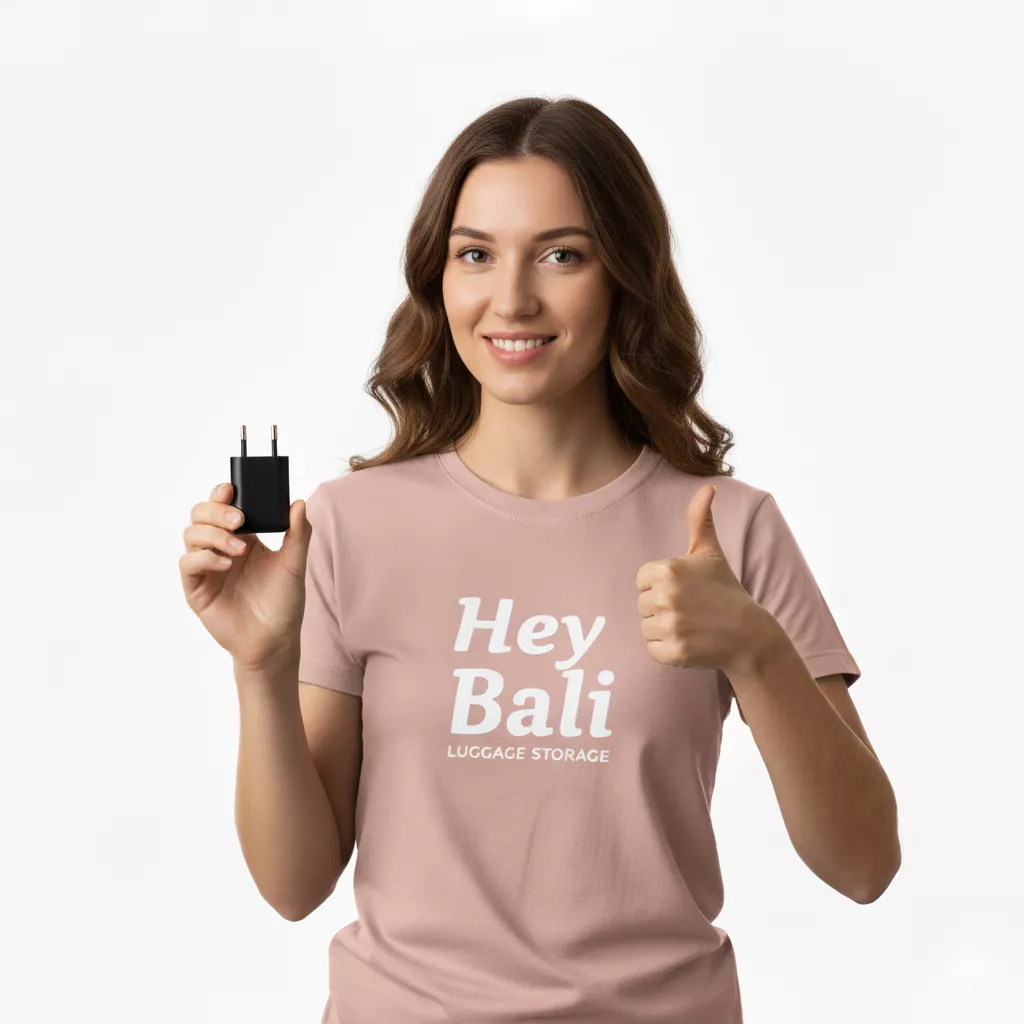 A photo of an Australian woman wearing a pink nude T-shirt with “hey bali” written on it looks happy holding a free Bali adapter from hey bali.