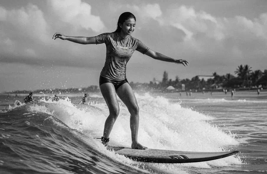Best Areas to Stay in Bali - A photo of a female tourist surfing at Canggu Beach, looking happy.