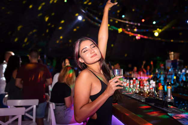 Best Areas to Stay in Bali - Photo of a female tourist enjoying the nightlife at a nightclub in Bali while holding a drink