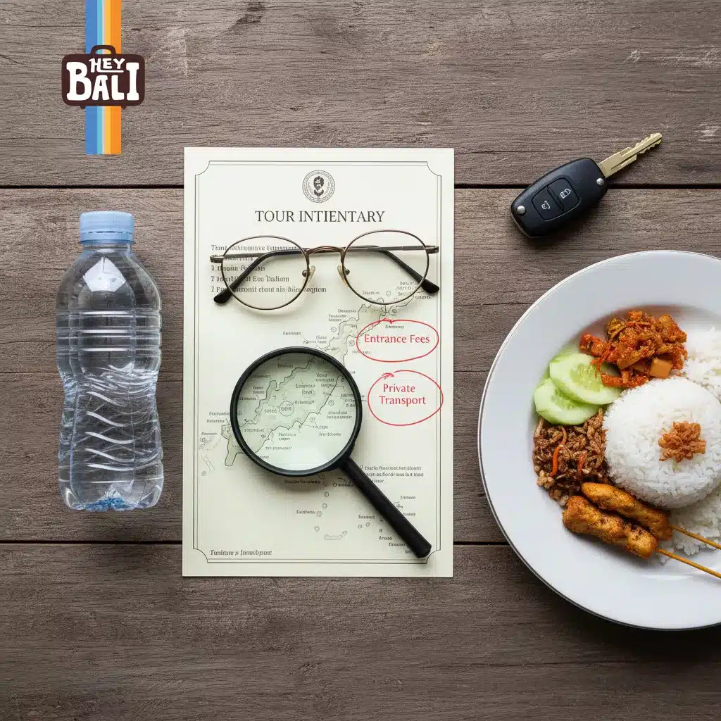 Flat lay photo by Hey Bali showing a Bali tour itinerary, map, car key for private transport, reading glasses, bottled water, and a plate of traditional Indonesian food (Nasi Campur) with satay, rice, and sambal on a rustic wooden table.  - Tips Choosing Bali Tour Package