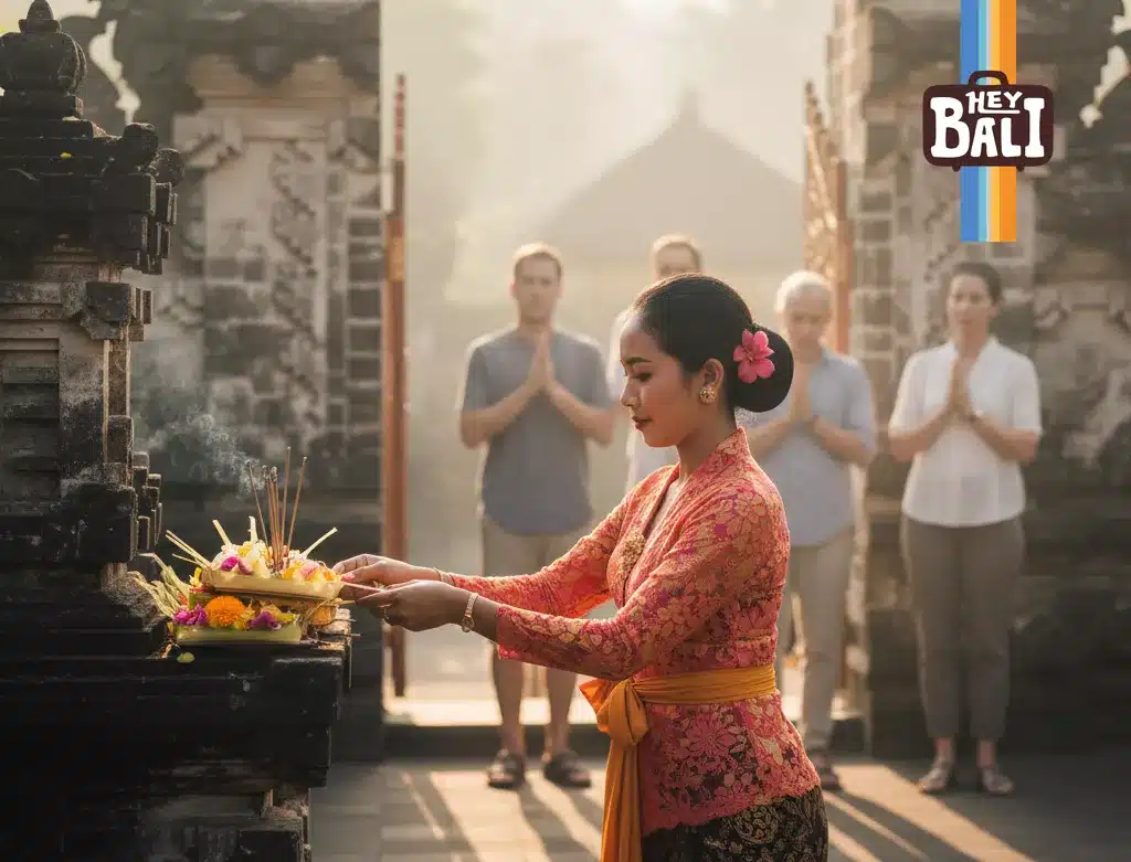 Intimate photo by Hey Bali capturing tourists witnessing a traditional Balinese offering ceremony at a quiet temple, led by a local woman in colorful attire, emphasizing cultural immersion on the tour. - Tips Choosing Bali Tour Package