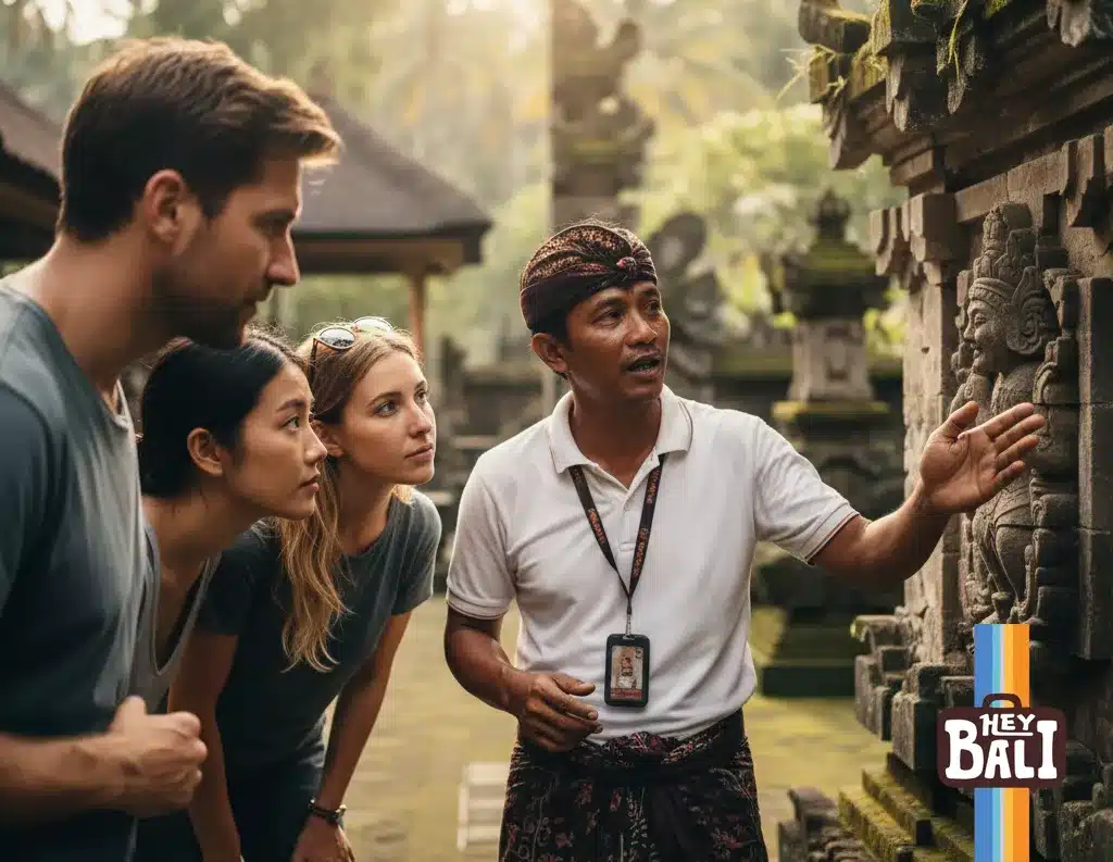 Hey Bali tour experience photo: An intimate scene of a Balinese guide pointing out details on a moss-covered temple carving to a small group of engaged tourists, emphasizing personal, deep cultural immersion.