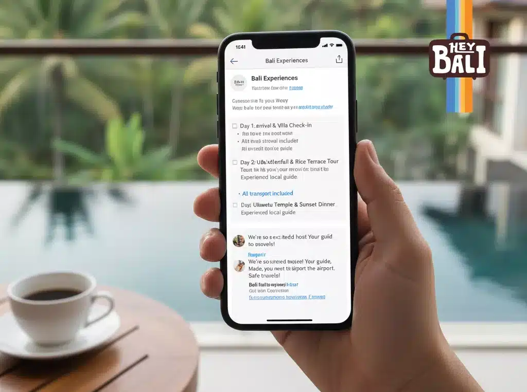 Hey Bali photo of a hand holding a smartphone displaying a 'Bali Experiences' tour itinerary or booking confirmation, overlooking a luxury resort swimming pool and tropical view, next to a cup of coffee.