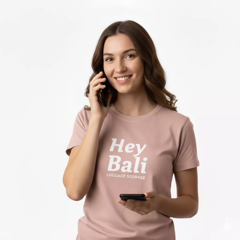 A photo of an Australian woman wearing a pink nude T-shirt with the words “hey bali” printed on it, using her cell phone to call and order a free Bali travel adapter from hey bali.