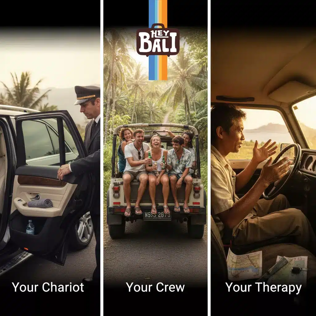 Vertical triptych travel image designed by Hey Bali. Left panel: Professional driver opening a luxury car door ('Your Chariot'). Center panel: Group of friends laughing happily in the back of an open jeep on a palm-lined road ('Your Crew'). Right panel: Warm, local Balinese guide driving and talking ('Your Therapy'). This visual represents the diverse, premium experience of the best Bali tour package, focusing on comfort, camaraderie, and local authenticity.