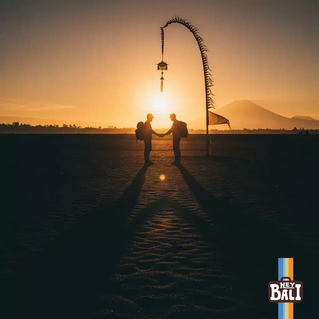 Hey Bali photo: A powerful silhouette of two travelers and a Balinese penjor at sunset, symbolizing a profound connection and the spirit of the island. This emotional journey is a highlight of any best Bali tour package.