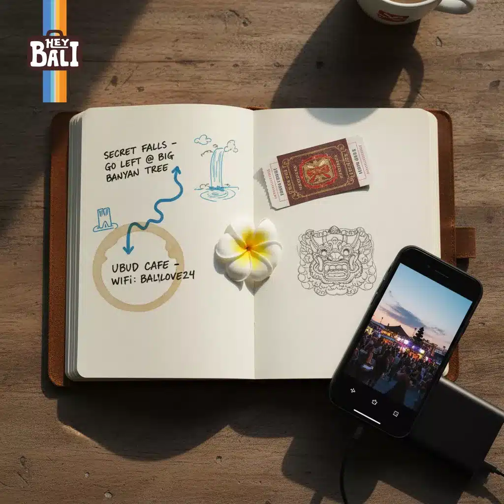 Flat-lay photo by Hey Bali showcasing a traveler's journal on a wooden table. The open journal features a hand-drawn map to a 'Secret Falls,' a coffee stain near a Wi-Fi password, a pressed frangipani flower, a temple ticket stub, and a phone displaying a vibrant sunset photo while charging. This captures a unique, personalized Bali itinerary and represents the hidden gems found in the best Bali tour package.