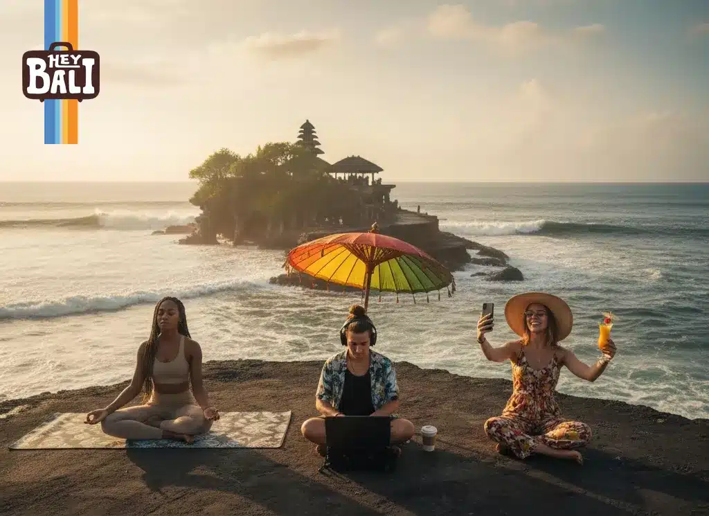 Wide, inclusive environmental portrait by Hey Bali featuring three different traveler types in the foreground of Tanah Lot Temple at golden hour: a yoga practitioner meditating, a digital nomad working on a laptop, and a tourist taking a selfie with a cocktail. The photo highlights Bali's acceptance of diverse lifestyles, easily experienced through the best Bali tour package.