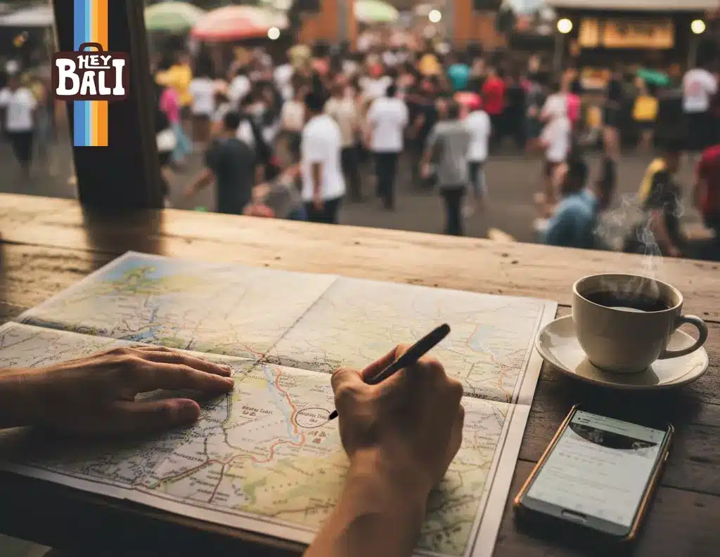 Hey Bali image: Hands marking a unique route on a Bali map, choosing local adventure over the crowded background. This thoughtful approach helps travelers select the best Bali tour package for authentic, off-the-beaten-path experiences.