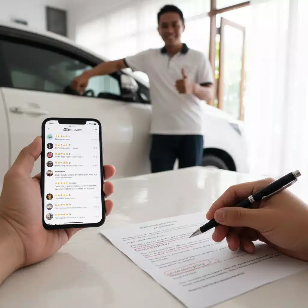 Booking confirmation photo by Hey Bali: Hands checking reviews and signing a contract, with a trusted Balinese driver in the background. Secure the best Bali tour package with confidence.