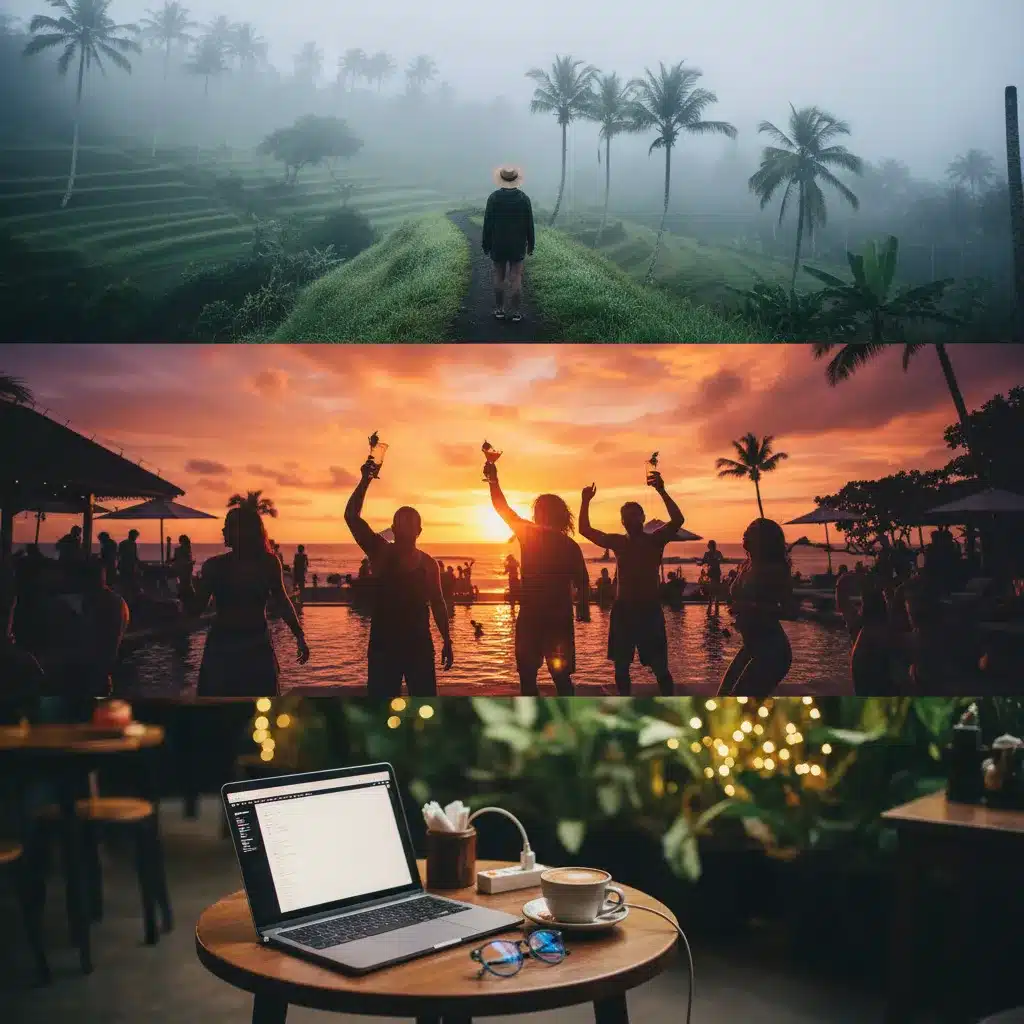 Photorealistic triptych of Bali's contrasting beauty: A misty morning at Campuhan Ridge Walk, the vibrant golden hour chaos of a Seminyak beach club with silhouetted figures holding cocktails, and a cozy Ubud cafe desk featuring a laptop and coffee as a digital nomad 'sanctuary'. Keywords: best Bali tour package, diverse Bali experience, Campuhan Ridge Walk, Seminyak beach club, Ubud digital nomad.