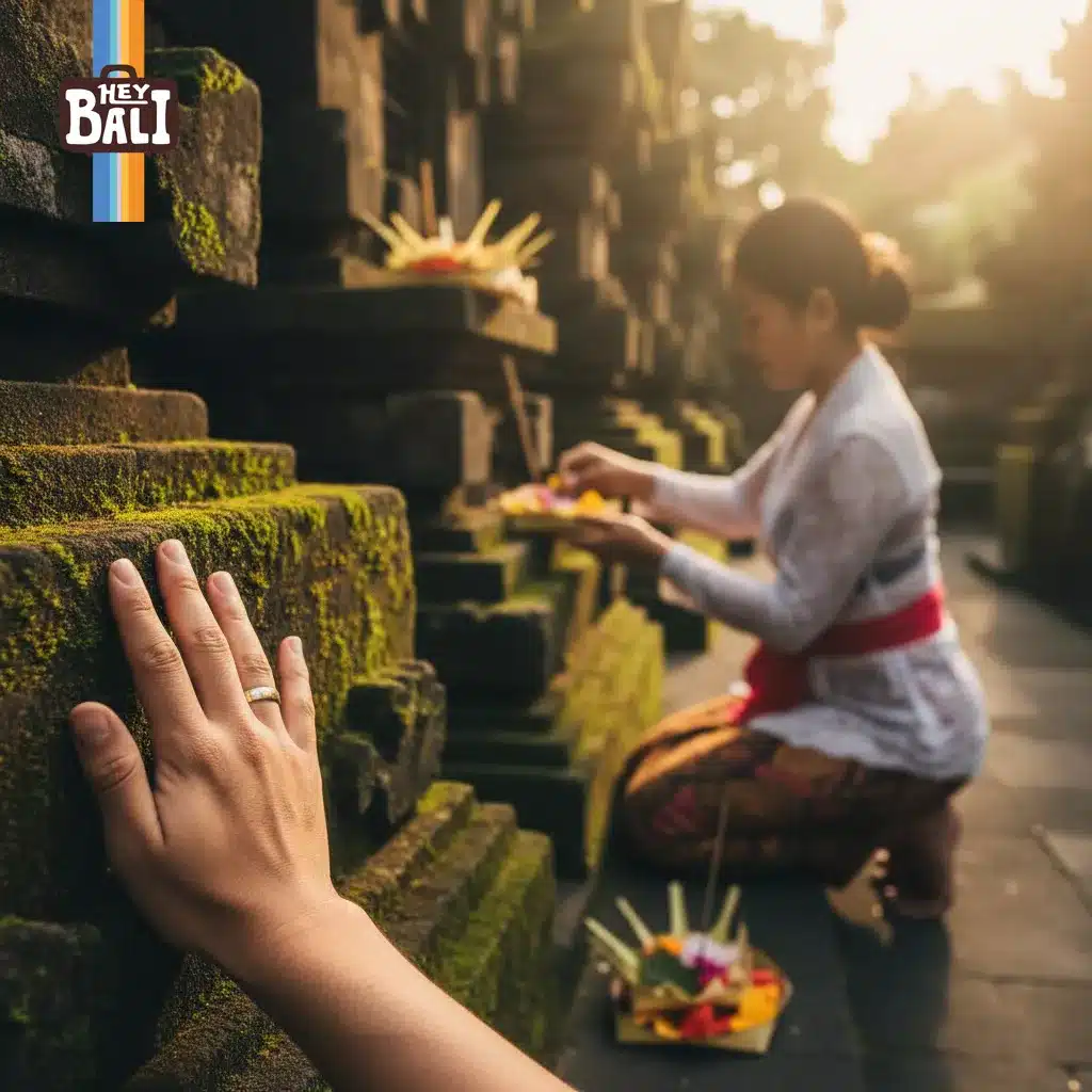 Hey Bali photo: Traveler's hand connecting with ancient temple walls, while a Balinese woman prepares traditional offerings. This powerful cultural encounter is a highlight of any best Bali.