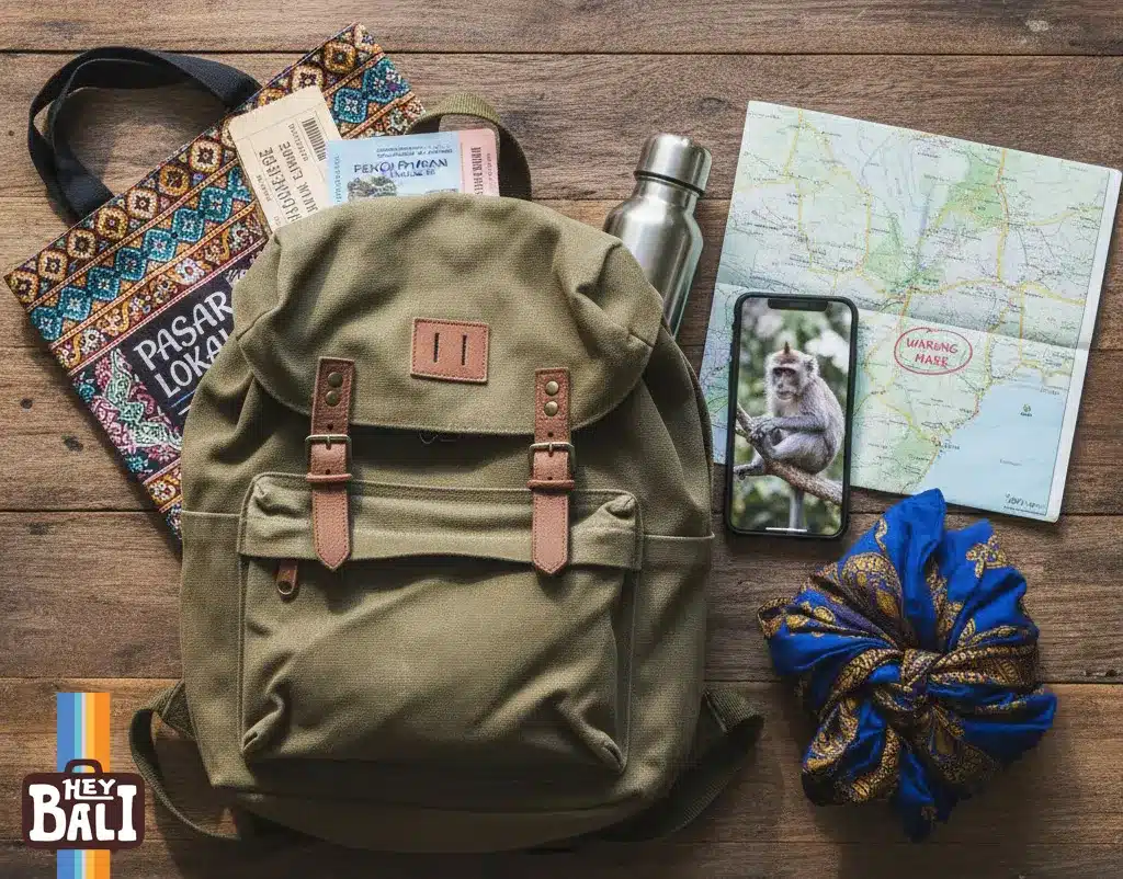 Flat-lay photo by Hey Bali showcasing a 'conscious travel kit' on a rustic wooden table. The kit includes an olive-green backpack, a local market tote bag, a reusable water bottle, a map marking a locally-owned warung, Indonesian Rupiah, a traditional blue sarong, and a smartphone displaying a respectful photo of a monkey. This gear represents intentional and ethical travel, a key component of the best Bali tour package.