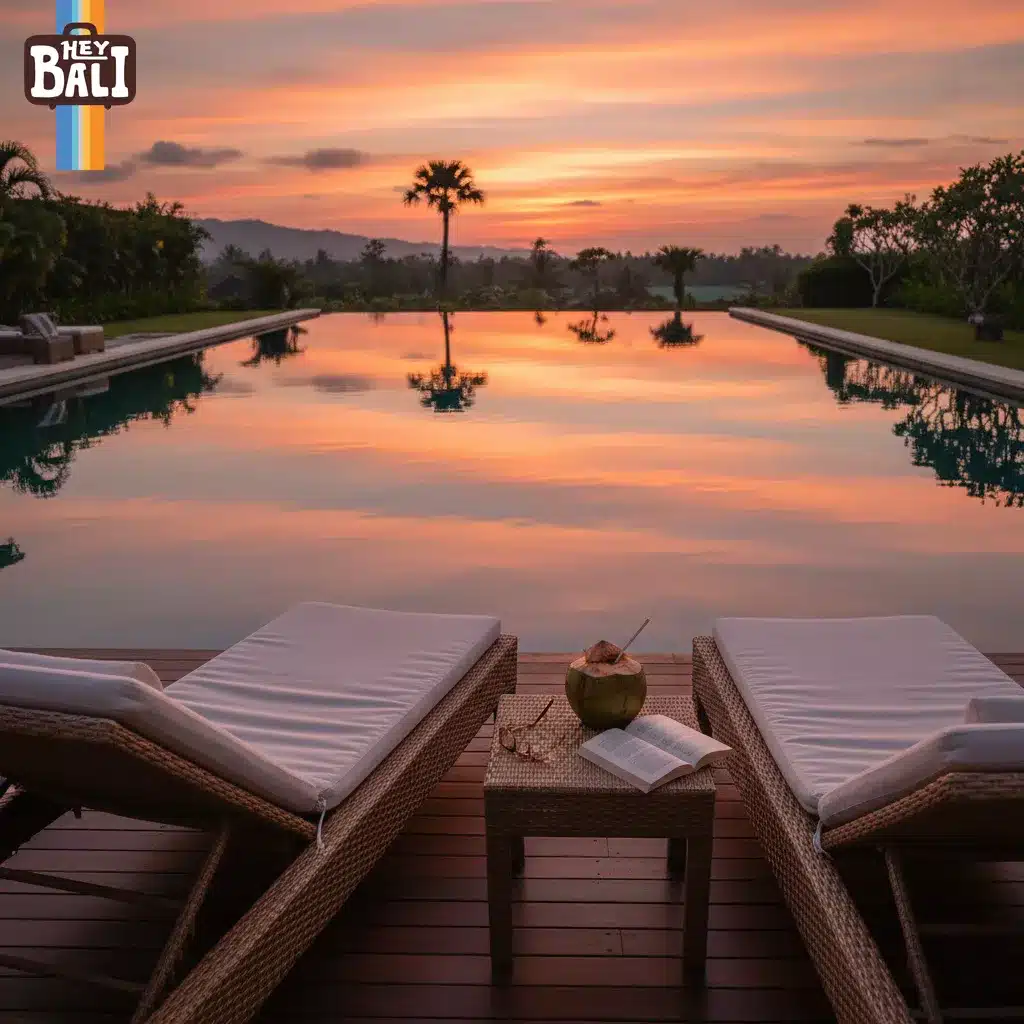 Tranquil Bali sunset reflection in a private villa pool by Hey Bali. Perfect relaxation spot found with the best Bali tour package.