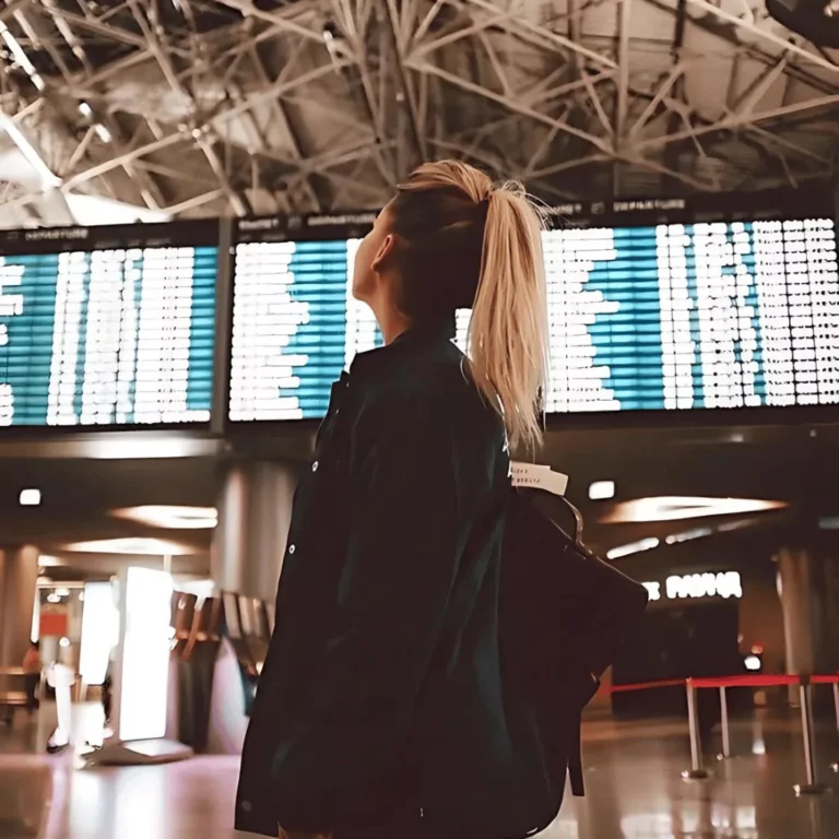photo of a woman at an airport looking at the plane departure schedule board