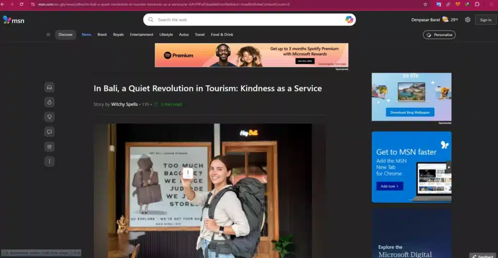 
screenshot of hey bali news on MSN.com about Bali travel friction