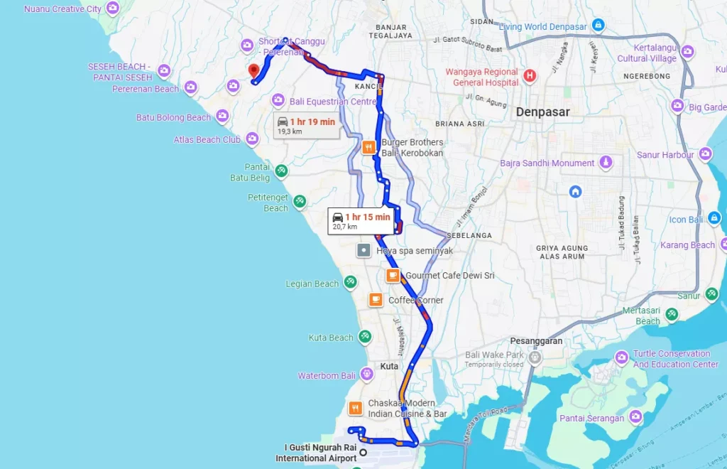 screen shoot google map from bali airtport to canggu 