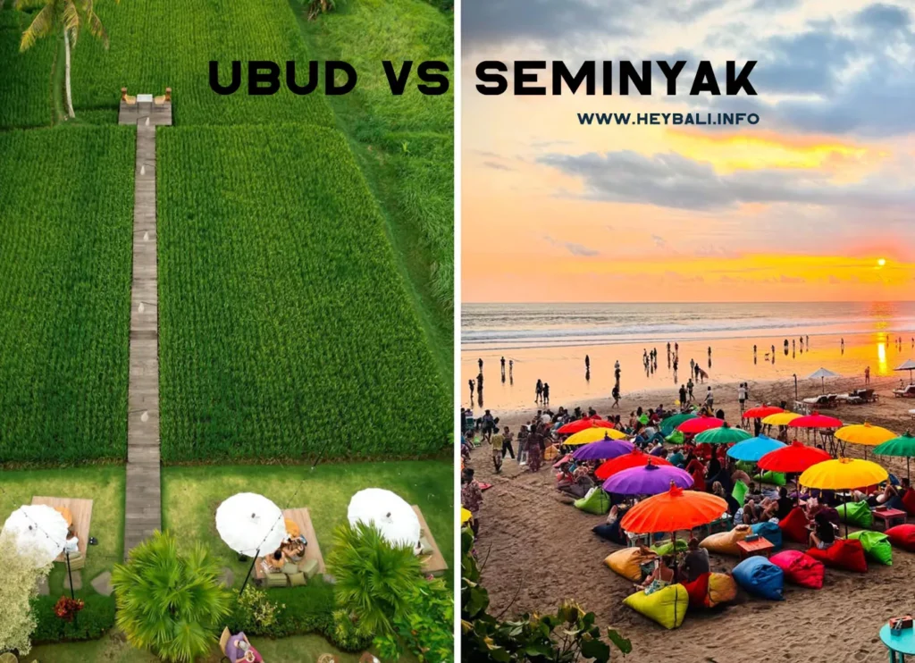 A side-by-side comparison image contrasting two popular Bali destinations, labeled "UBUD VS SEMINYAK." The left side shows a high-angle view of the lush green terraced rice fields of Ubud with a narrow wooden path, lounge chairs, and white umbrellas. The right side shows a crowded Seminyak beach scene at sunset, featuring people, colorful umbrellas, and bean bag chairs facing the ocean.