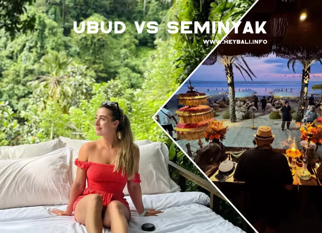 A diagonally split comparison image labeled "UBUD VS SEMINYAK." The left side shows a woman in a red outfit sitting on an outdoor daybed surrounded by lush green tropical jungle, representing the peaceful, nature-focused atmosphere of Ubud. The right side shows a sunset beach club scene in Seminyak, with a DJ wearing headphones and a hat, colorful beach umbrellas, and people lounging on bean bags, representing the vibrant nightlife.