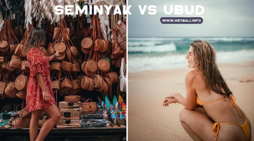 A split image showing two scenes: On the left, a woman in a red dress is browsing a large selection of hanging rattan bags at a market or shop. On the right, a woman in a yellow bikini is crouching on a sandy beach, looking out at the ocean waves.