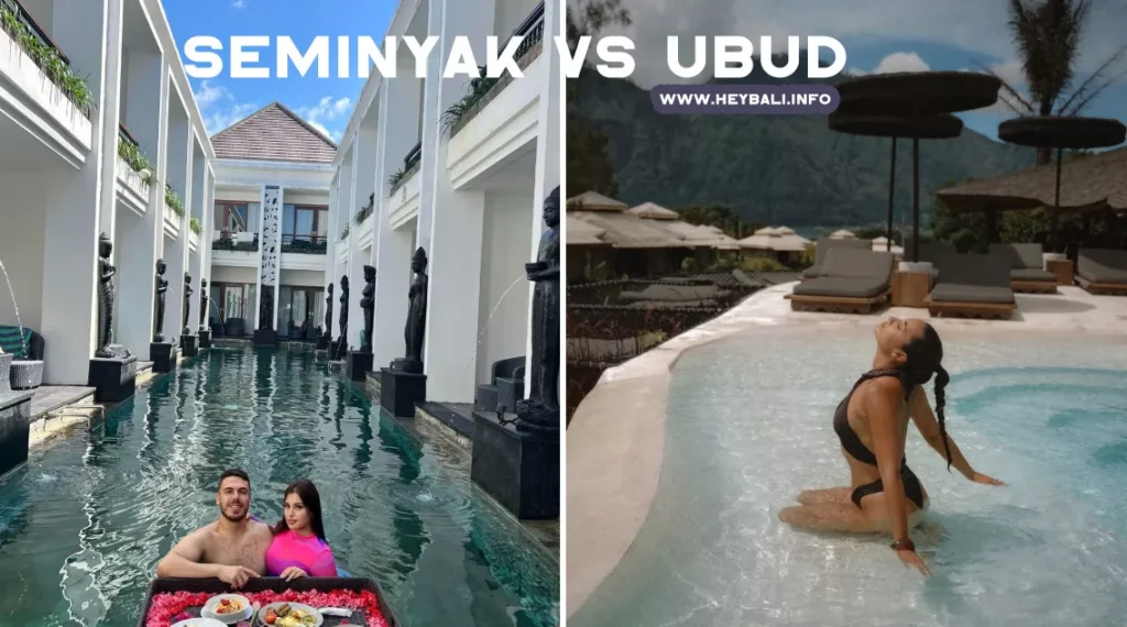A split image showing two luxury pool scenes. The left side features a couple enjoying a floating breakfast tray in a narrow, long swimming pool surrounded by a modern white building facade and Balinese statues. The right side shows a woman sitting on the edge of an infinity pool with stunning natural views of mountains and dark umbrellas in the background.