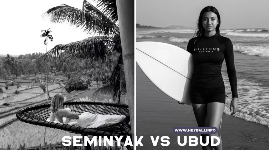 A black and white split comparison image contrasting two Bali scenes, labeled "SEMINYAK VS UBUD." The left side shows a woman relaxing on a large hanging net over rice fields, representing Ubud's tranquil nature. The right side shows a model in Billabong attire holding a surfboard on the beach, representing Seminyak's surf and beach culture. Is Ubud better than Seminyak