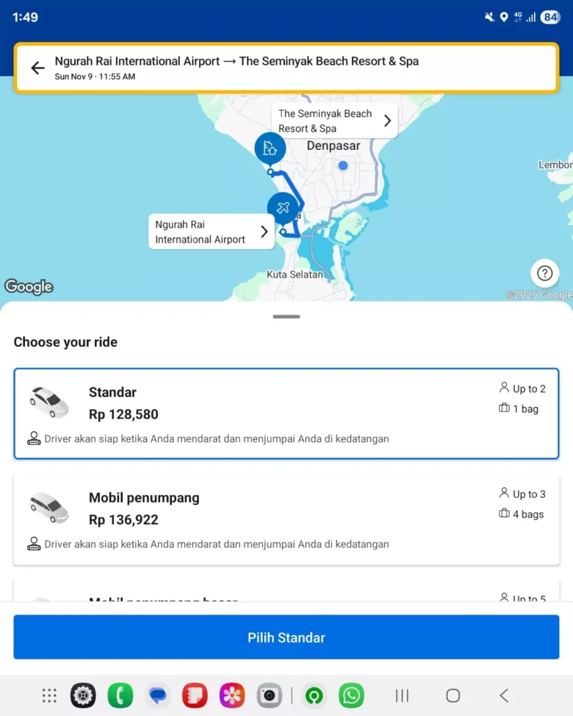 Screenshot of Booking.com transfer options answering How Much Bali airport to Seminyak taxi Price with Standard car Rp 128,580