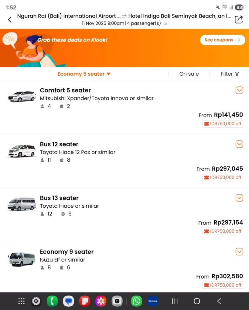 Screenshot of Klook transfer options answering How Much Bali airport to Seminyak taxi Price with Standard car Rp 141.550