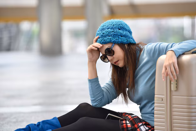 A woman looking tired and worried while leaning on her suitcase. This image depicts the disappointment of a consumerist vacation approach, where the traveler runs out of curiosity, not destinations, leading to the belief that Bali is boring.